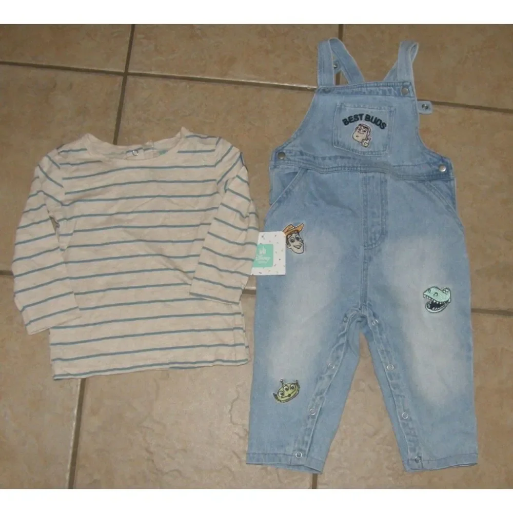 NEW Boys Sz 24 Months TOY STORY Embroidered Denim Overalls & Shirt 2 Pc Outfit